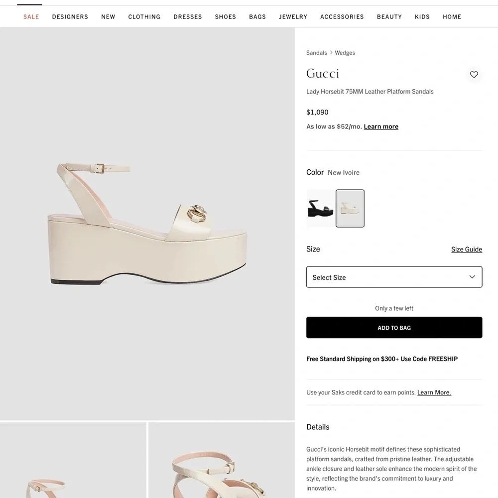 Gucci Ivory Leather Platform Wedge Sandals with Gold Horsebit Accent